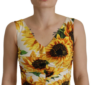 White Sunflower Print Sheath Midi Silk