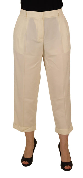 Elfenbeinfarbene High-Waist Cropped Hose mit gefaltetem Saum