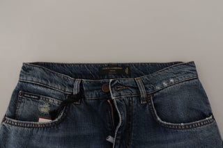 Blue Denim Baroque Heart Logo Patch Pants Jeans