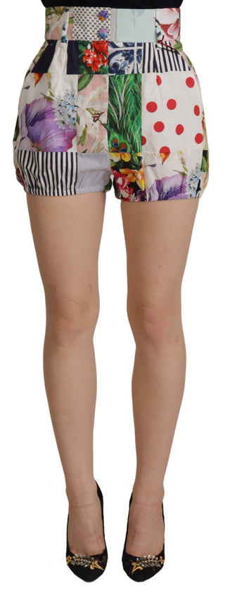 Mehrfarbige Patchwork High Waist Baumwoll-Shorts