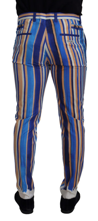 Blau gestreifte Seiden-Baumwoll-Slim-Hose