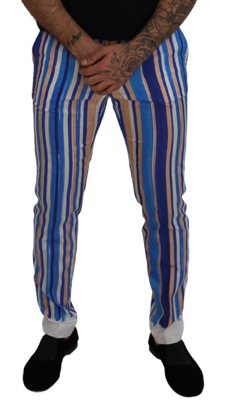 Blau gestreifte Seiden-Baumwoll-Slim-Hose