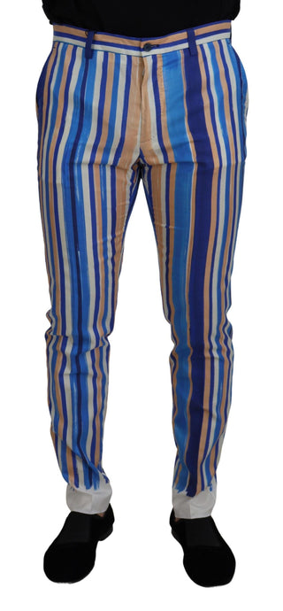 Blau gestreifte Seiden-Baumwoll-Slim-Hose