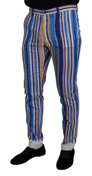 Blau gestreifte Seiden-Baumwoll-Slim-Hose