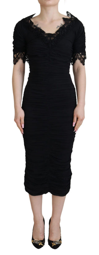 Schwarzes Etui-Midi-Bodycon-Spitzen-Seidenkleid