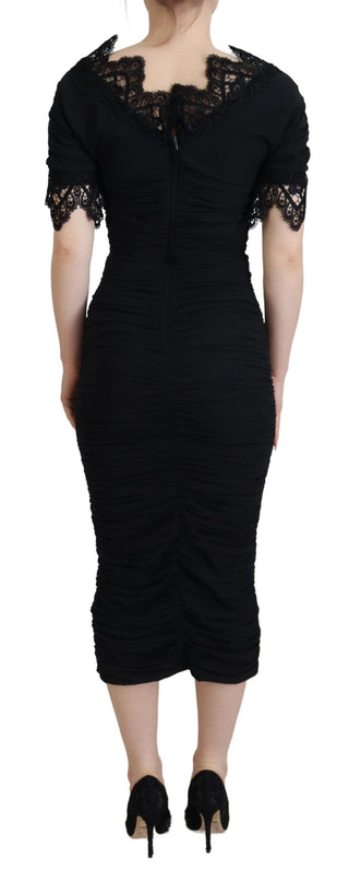 Schwarzes Etui-Midi-Bodycon-Spitzen-Seidenkleid