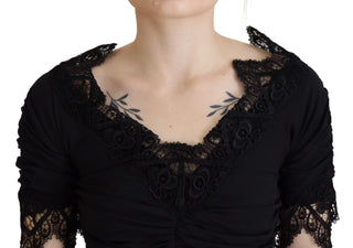 Schwarzes Etui-Midi-Bodycon-Spitzen-Seidenkleid
