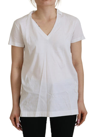 Weißes, kurzärmliges Baumwoll-V-Ausschnitt-Oberteil/T-Shirt