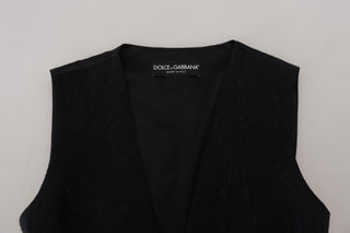 Black Brocade Button Down Sleeveless Vest Top