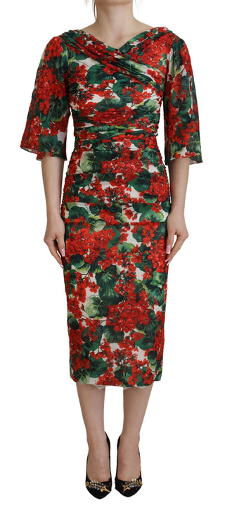 Vestido midi de seda multicolor geranio ajustado