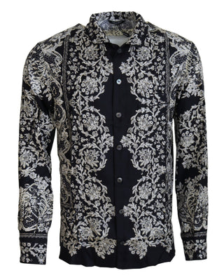 Blaues Seiden-Blumen-Barock-Satin-Freizeithemd