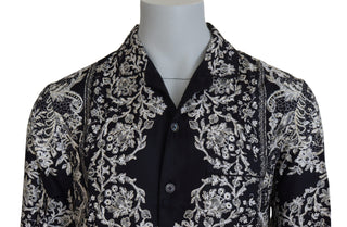 Blaues Seiden-Blumen-Barock-Satin-Freizeithemd