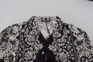 Blaues Seiden-Blumen-Barock-Satin-Freizeithemd