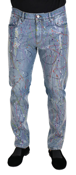 Jeans de mezclilla azules de algodón con estampado de salpicaduras de color