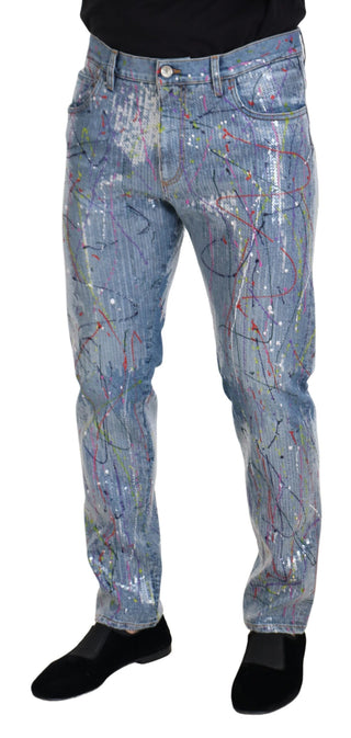 Jeans de mezclilla azules de algodón con estampado de salpicaduras de color