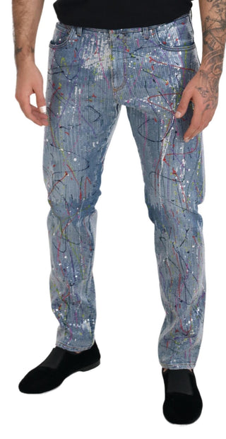 Jeans de mezclilla azules de algodón con estampado de salpicaduras de color