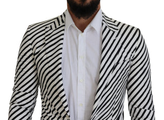 Weiß Schwarz Gestreiftes Slim Fit Sakko