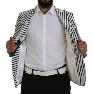 Weiß Schwarz Gestreiftes Slim Fit Sakko