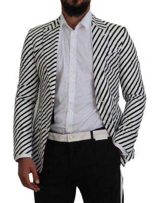 Weiß Schwarz Gestreiftes Slim Fit Sakko