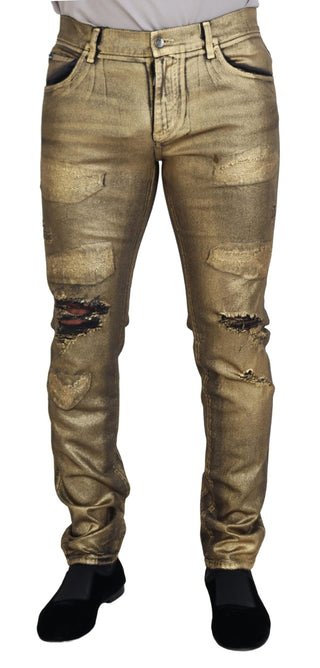 Gold Baumwolle Zerrissene Skinny Herren Jeans