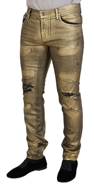 Gold Baumwolle Zerrissene Skinny Herren Jeans