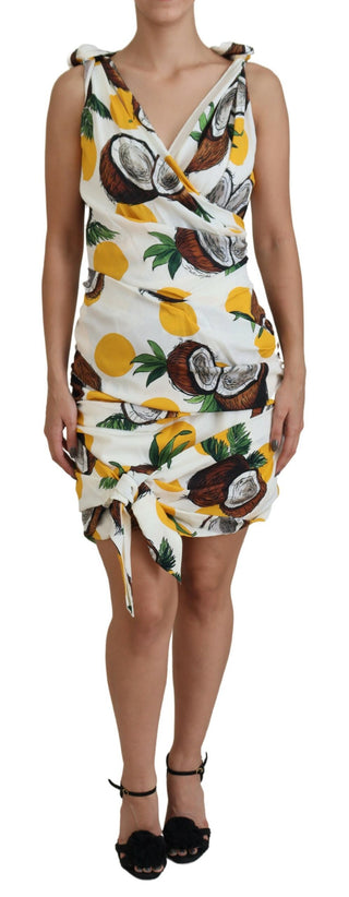 Vestido mini ajustado de seda con estampado de coco blanco