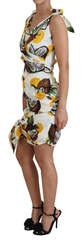 Vestido mini ajustado de seda con estampado de coco blanco
