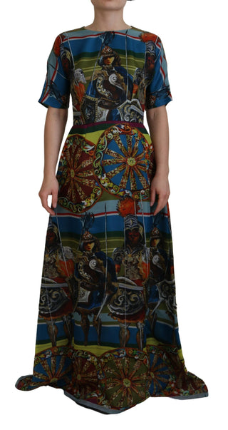 Vestido largo de gala de seda Sicilia multicolor con corte en línea A