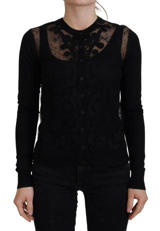 Cardigan negro con botones y encaje floral