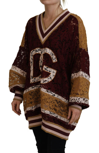 Mehrfarbiger Spitzenpullover mit V-Ausschnitt