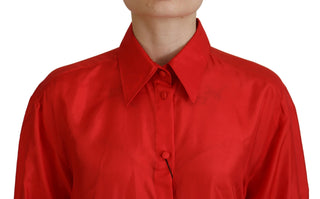 Rotes Seidenhemd mit Kragen, langen Ärmeln und Oberteil