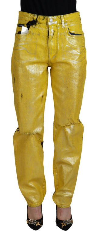 Gelbe Leopard-Baumwoll-Jeans mit geradem Schnitt