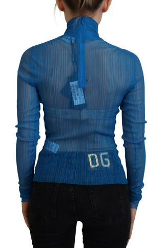 Blaues Netz-Rollkragen-Langarm-Top