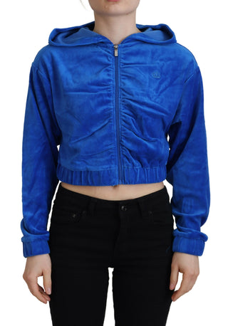 Sudadera azul de algodón con capucha, cremallera completa y corte corto