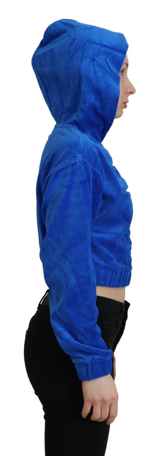 Blauer Baumwoll-Kapuzenpullover mit durchgehendem Reißverschluss, verkürzt