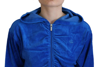 Blauer Baumwoll-Kapuzenpullover mit durchgehendem Reißverschluss, verkürzt