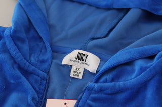 Blauer Baumwoll-Kapuzenpullover mit durchgehendem Reißverschluss, verkürzt