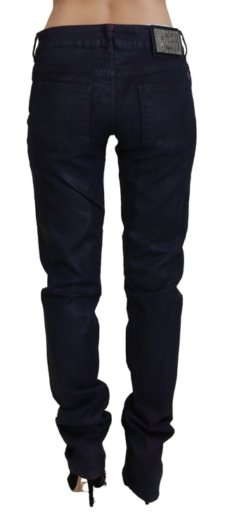 Schwarze, tief sitzende, schmal geschnittene Damen-Jeans aus Denim