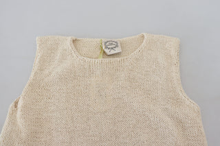 Beige Cotton Blend Sleeveless Round Neck Tank Top