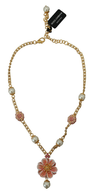 Goldfarbene Halskette mit floralen Kristallen und rosa Verzierungen