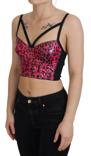 Pinkes bauchfreies Bustier-Korsett-Oberteil mit Leopardenmuster