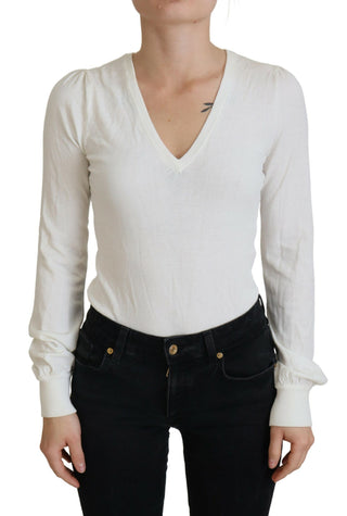 Blusa de mujer color marfil con cuello en V y mangas largas