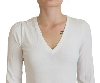 Blusa de mujer color marfil con cuello en V y mangas largas