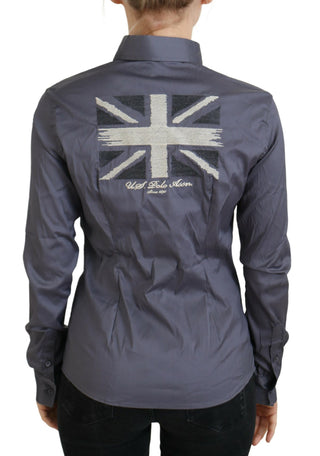 Blusa gris con cuello y mangas largas estampada