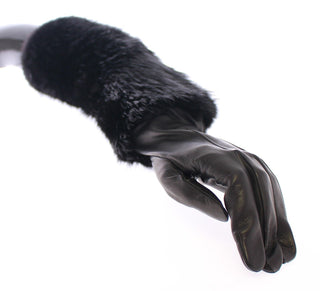 Schwarze Biberfell-Lammleder-Ellbogenhandschuhe
