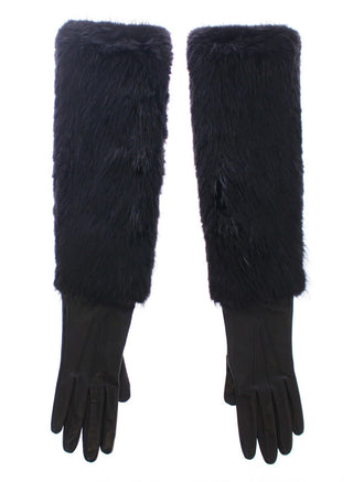 Schwarze Biberfell-Lammleder-Ellbogenhandschuhe