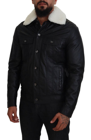 Schwarze Lammlederjacke mit Kragen für Herren