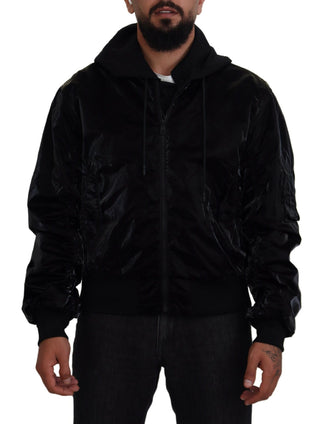 Schwarze Nylon-Kapuzen-Bomberjacke mit durchgehendem Reißverschluss