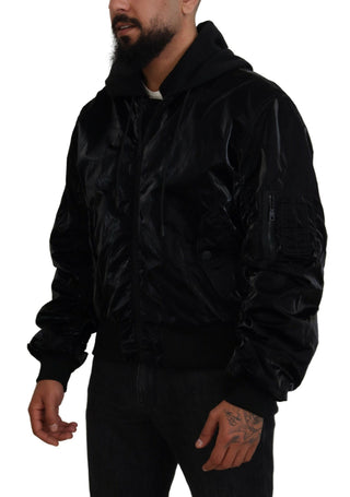 Schwarze Nylon-Kapuzen-Bomberjacke mit durchgehendem Reißverschluss
