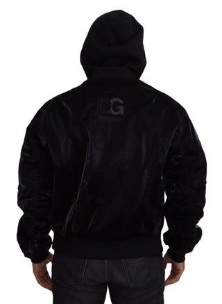 Schwarze Nylon-Kapuzen-Bomberjacke mit durchgehendem Reißverschluss